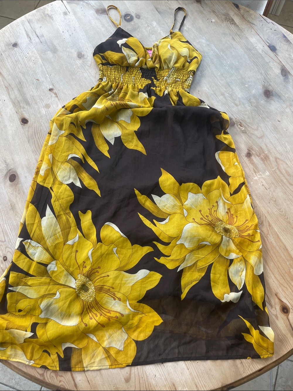 She’s Cool Yellow Brown Floral Maxi Empire Waist Dress Lined Boho Festival Indie